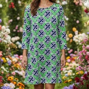 Barbara Gerwit Geometric Green Blue Dress Large